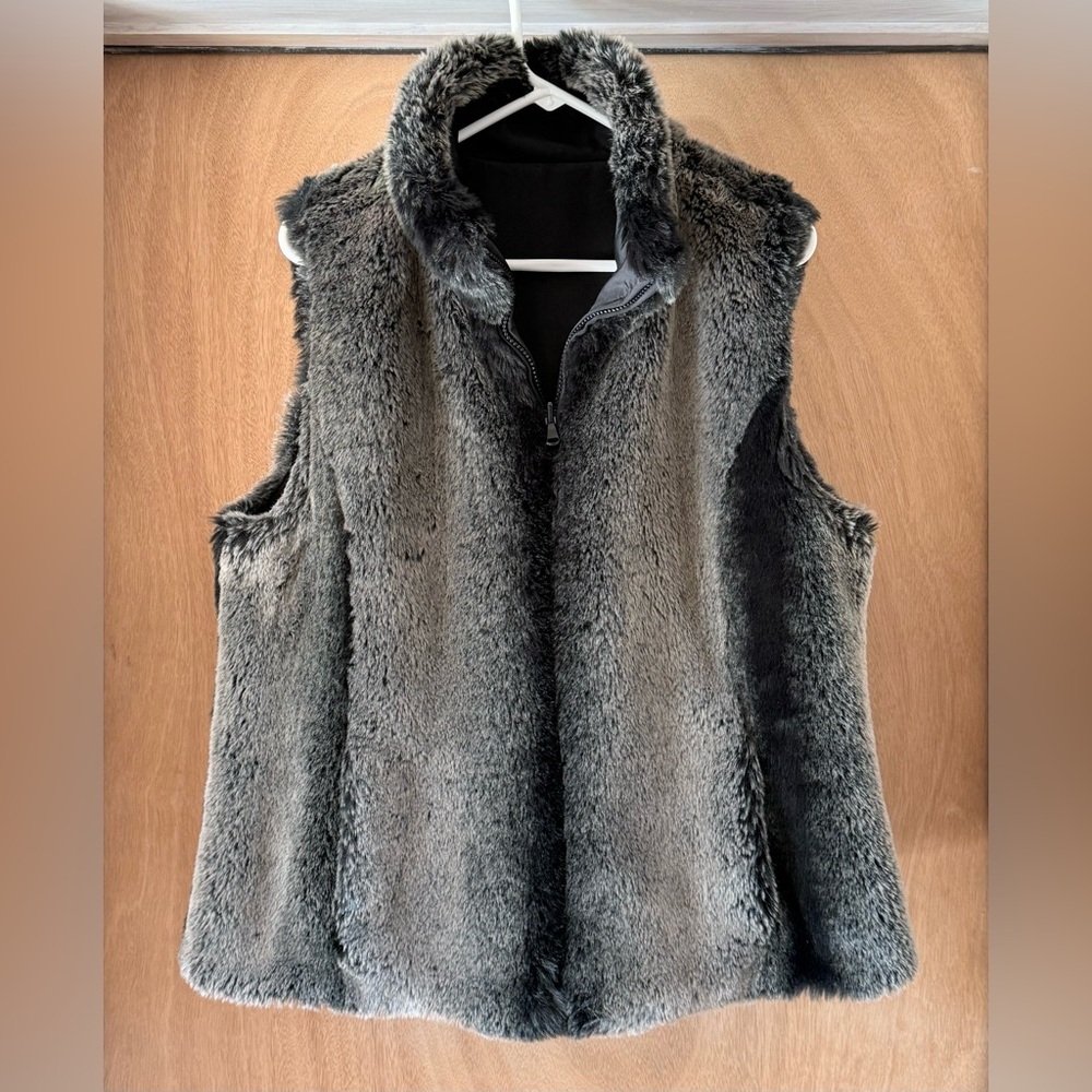 Kristen Blake Reversible Faux Chinchilla Fur Vest Brown Black Full Zip Sz L